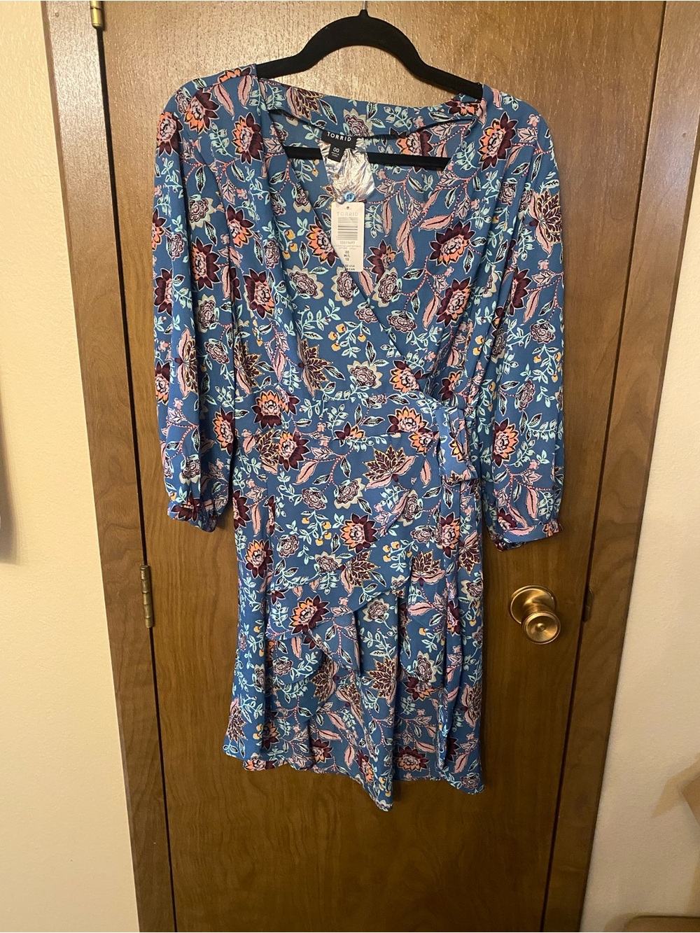 torrid Blue Floral Wrap Blouse with Pink and Burgundy Accents